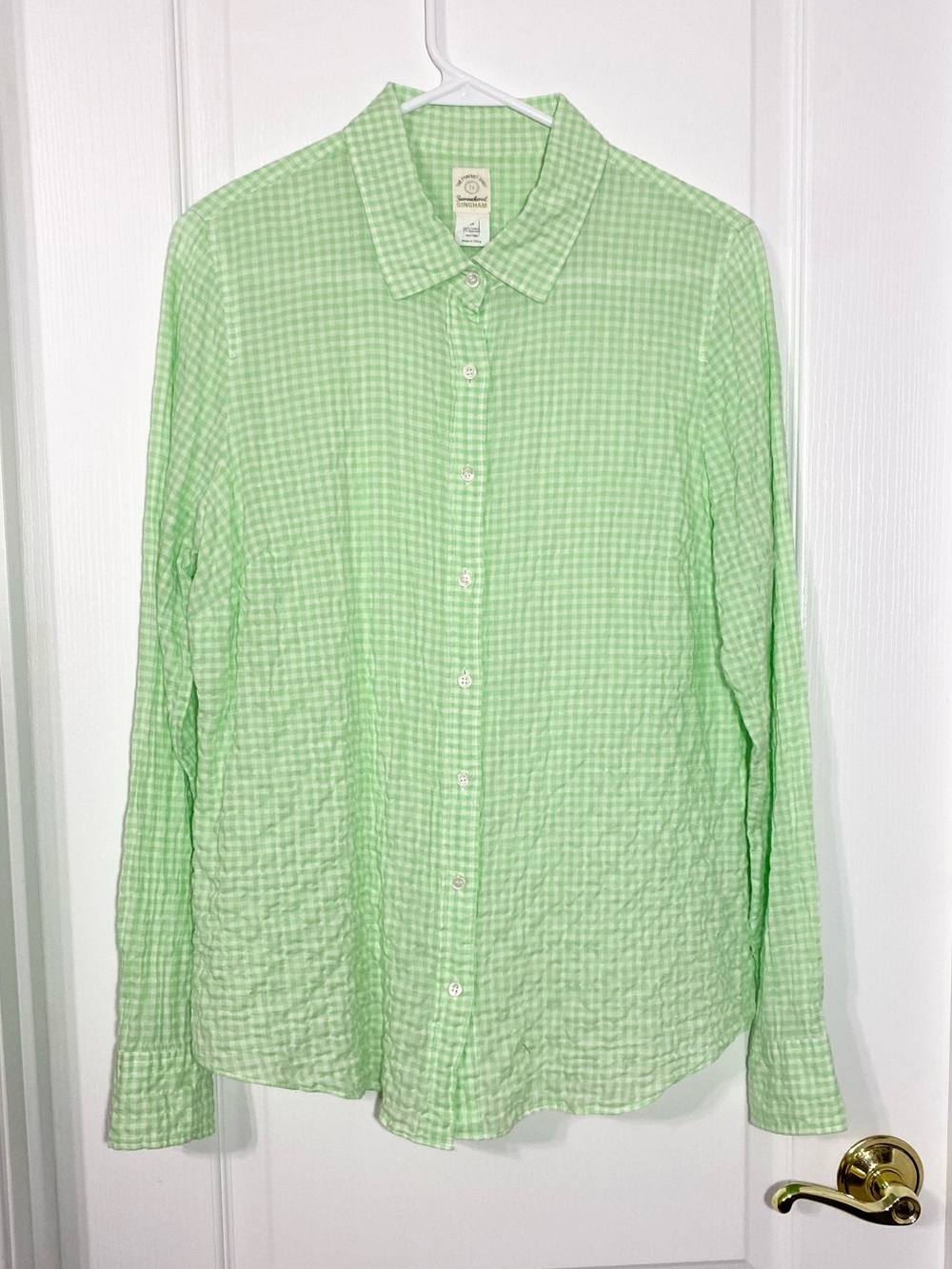 J.Crew Seersucker Gingham Semi Sheer Button Front Shirt Green White Size 10